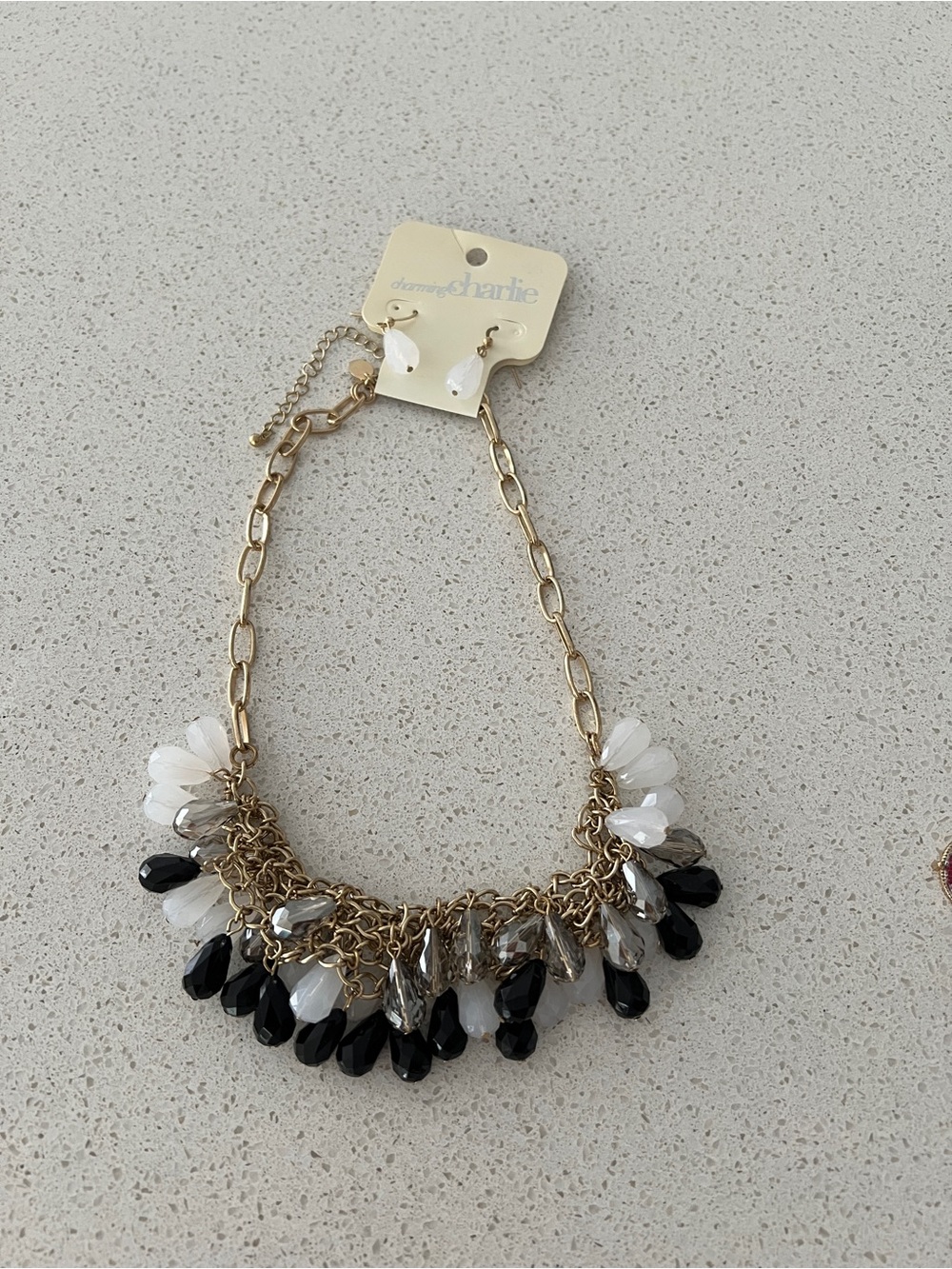 Charlies Gold Chain Necklace with Black, White and Smoke Teardrops